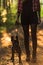 Young woman walking french bulldog in forest at sunset
