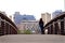 Young woman walking with her dog in Minneapolis, Minnesota