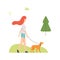 Young Woman Walking with Her Dog in Park, Girl Relaxing and Enjoying Nature Outdoors Vector Illustration