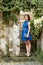 Young woman walking narrow streets at typical italian town