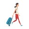 Young Woman Walking with Suitcase on Wheels, Girl Traveling on Vacation Vector Illustration