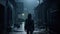 Young woman walks alone in rain at night on dark grungy street, back view of adult girl in spooky place. Female person like in