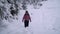 A young woman walks alone through a snowy forest. Young pretty tourist sneaks through the snow drifts. She looks around