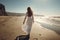 Young woman walks on beach alone, girl wearing white dress by sea, generative AI