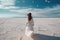 Young woman walks on salt desert alone, adult girl wearing white dress, generative AI
