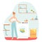 Young woman washes clothes in a washing machine. Housework concept. Vector illustration for banners, posters, postcard . Cartoon