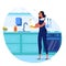 Young Woman Washing Dish Flat Vector Illustration