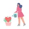 Young Woman Watering Heart Growing in Flower Pot, Symbol of Love Vector Illustration