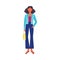 Young woman wear blue jeans cartoon character, flat vector illustration isolated.