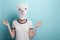 Young woman wearing alpaca mask. Hands in meditation yoga mudra sign