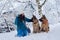 Young woman, wearing blue ski suit, sitting with two german shepherds in snow in park. Female master training her dogs in forest