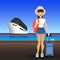 Young woman wearing casual clothes at port. Cartoon flat girl goes on cruise on ship. Traveler lady in the hat is