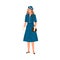 Young woman wearing dress, hat and gloves in 40s style. Fashionable female character with bag in retro stylish apparel