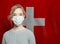 Young woman wearing a face mask with Switzerland flag. Flu epidemic and virus protection concept