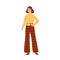 Young woman wearing hippie clothes in 70s decade style. Female character in retro flared trousers and fashionable