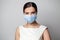 Young woman wearing a medical face mask on gray background. Flu epidemic and virus protection concept