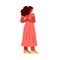 Young woman wearing a pink long dress, fastens it on the back, vector person dressing or changing apparel getting ready