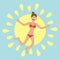 Young woman wearing swimsuit jumping. Sun shining icon. Summer time. Happy girl jump. Cartoon laughing character in red swimming