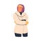 Young woman wearing warm clothes freezing and shivering. Girl trying to warm during winter or autumn season cartoon