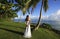 Young woman in wedding dress standing by palm tree