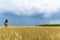 Young woman in a wheat golden field