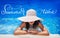 Young woman in white hat resting in pool and text Summer time. Calligraphy lettering hand draw