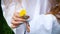 Young woman in a white shirt twists a yellow dandelion flower in her hands close-up, slow motion