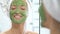 A young woman with a white towel put on her face a green moisturizing mask