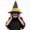 Young woman in witches hat and costume holding pumpkin in front of her face. Halloween Witch with scary face Jack o Lantern.