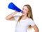 Young woman yelling into megaphone