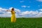 Young woman in yellow dress outdoors in green field. Country walks in good weather