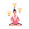 Young Woman in Yoga Pose Meditating with Glowing Light Bulb Flowing Around Having Idea Vector Illustration