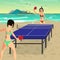 Young women in bikini play on the beach in table tennis. Girls i