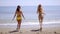 Young women in bikinis approaching the sea