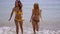 Young women in bikinis approaching the sea