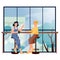 Young women in cafe talking. Interior design of modern cafeteria vector illustration. Two happy girls sitting on chairs