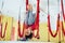 Young women doing yoga exercise or aerial yoga antigravity in the studio.