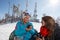 Young women drinking tea in cafe on skiing