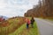 Young women girls hiking colorful,autumn mountains.