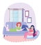 Young women liying on sofa chair cushions cartoon