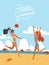 Young women playing volleyball together on the beach vector illustration. Happy girls in bikini outdoor activities. Summer holiday