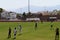 Young women plays soccer in the stadium