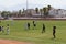 Young women plays soccer in the stadium