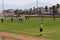 Young women plays soccer in the stadium