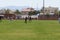 Young women plays soccer in the stadium