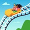 Young women ride roller-coaster attraction together, flat vector illustration.