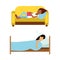 Young women sleeping set. Girls lying under blanket in bed asleep at night and relaxing on sofa cartoon vector