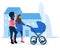 Young women with stroller.Parents are walking with infant baby in city.Pram on urban background.Flat vector illustration.