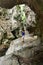 Young women taking photos, Resurgence of Sammaro River, Campania, italy