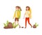 Young Women Walking Carrying Touristic Backpacks Vector Illustration